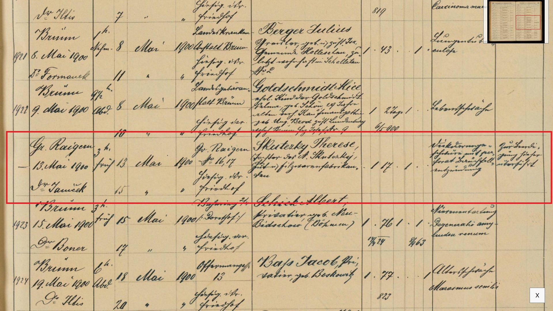 Zápis o úmrtí Therese Skutezky v matrice Židovské náboženské obce v Brně