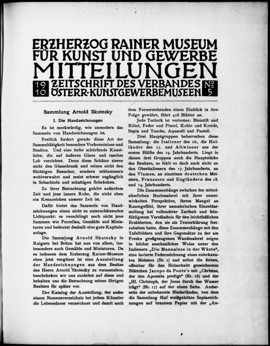 Titulní strana článku Sammlung Arnold Skutezky