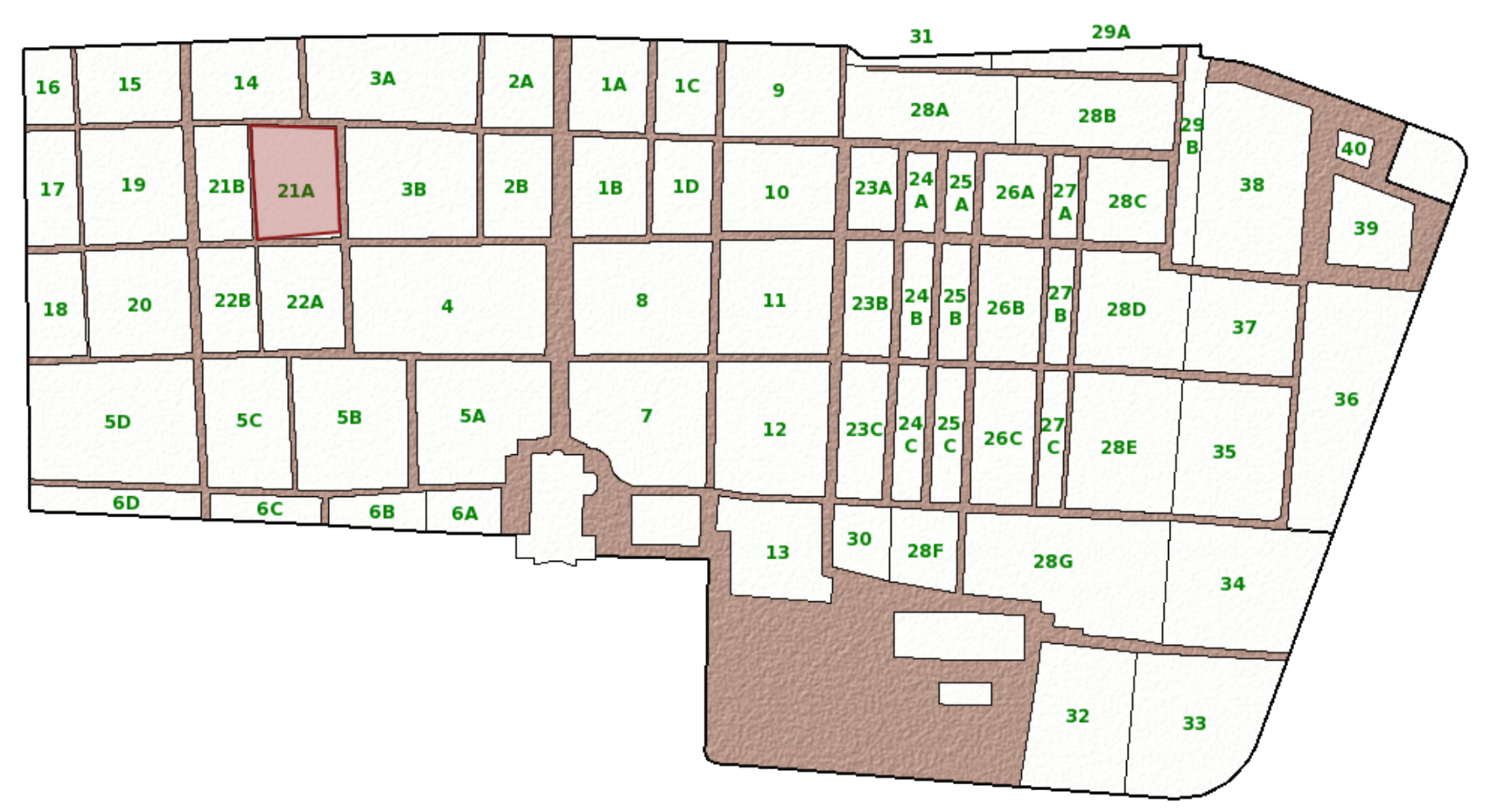 Mapa židovského hřbitova v Brně s vyznačeným hrobem rodiny Skutezky